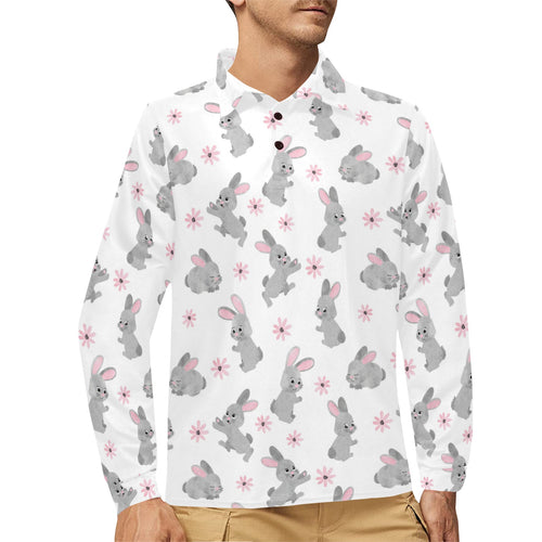 Watercolor cute rabbit pattern Men's Long Sleeve Polo Shirt