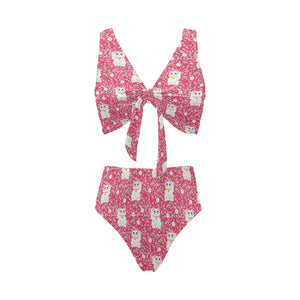 Maneki neko cat sakura pink background Chest Bowknot High Waisted Bikini Swimsuit