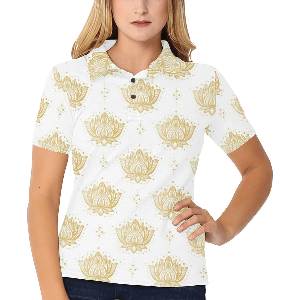 Gold Ornamental lotue waterlily symbol pattern Women's All Over Print Polo Shirt