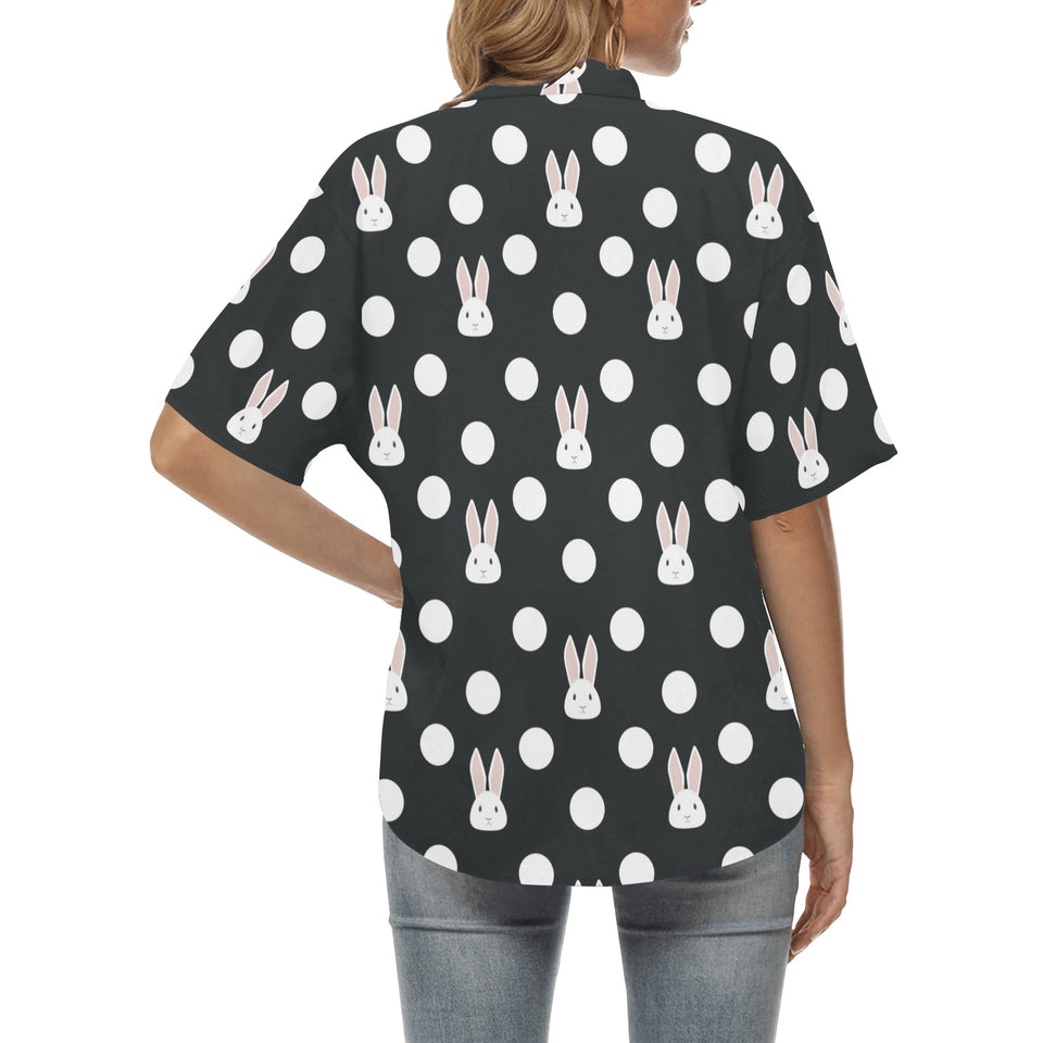 Cute white rabbit polka dots black background Women's All Over Print Hawaiian Shirt