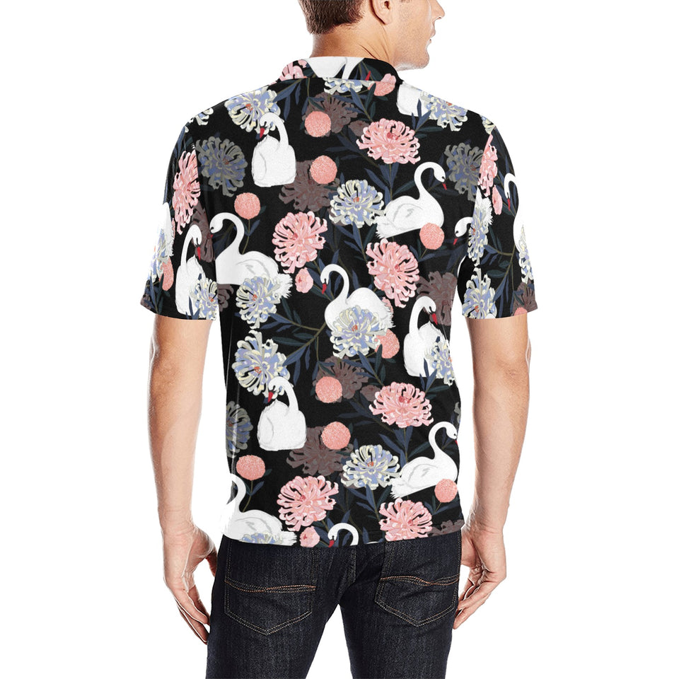 white swan blooming flower pattern Men's All Over Print Polo Shirt