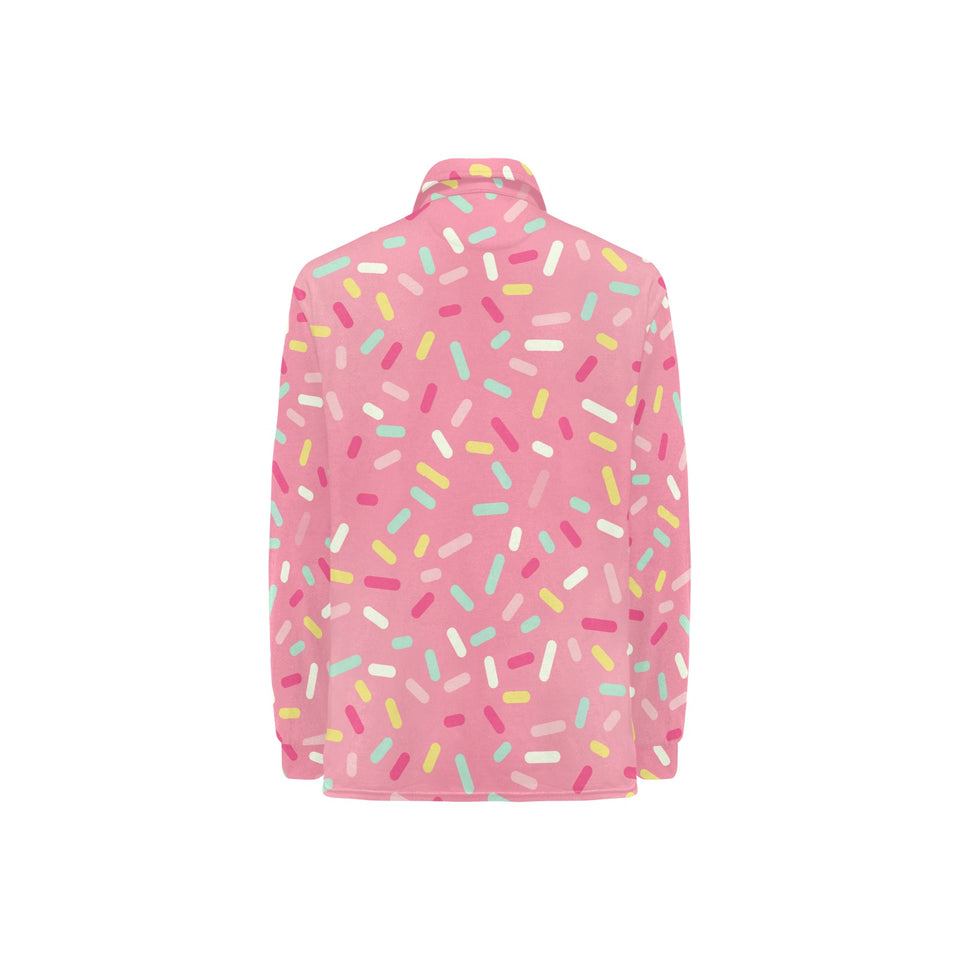 Pink donut glaze candy pattern Women's Long Sleeve Polo Shirt