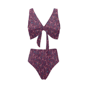 Eiffel Tower Heart Pattern Print Design 04 Chest Bowknot High Waisted Bikini Swimsuit