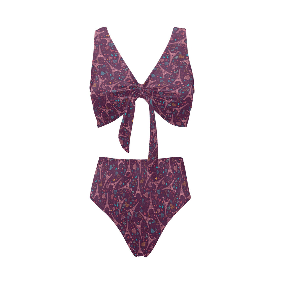 Eiffel Tower Heart Pattern Print Design 04 Chest Bowknot High Waisted Bikini Swimsuit