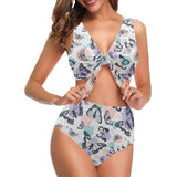Butterfly pattern Chest Bowknot High Waisted Bikini Swimsuit