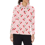 cherry pattern pink background Women's Long Sleeve Polo Shirt