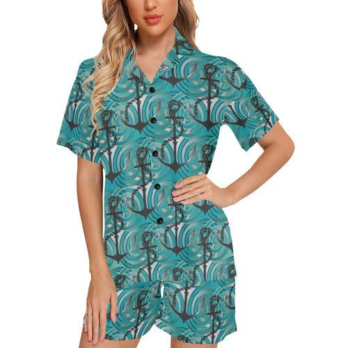 Anchor nautical green background Women's V-Neck Short Pajama Set