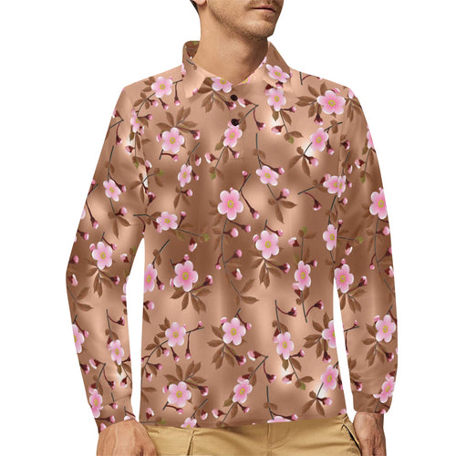 Pink sakura cherry blossom drak brown background Men's Long Sleeve Polo Shirt