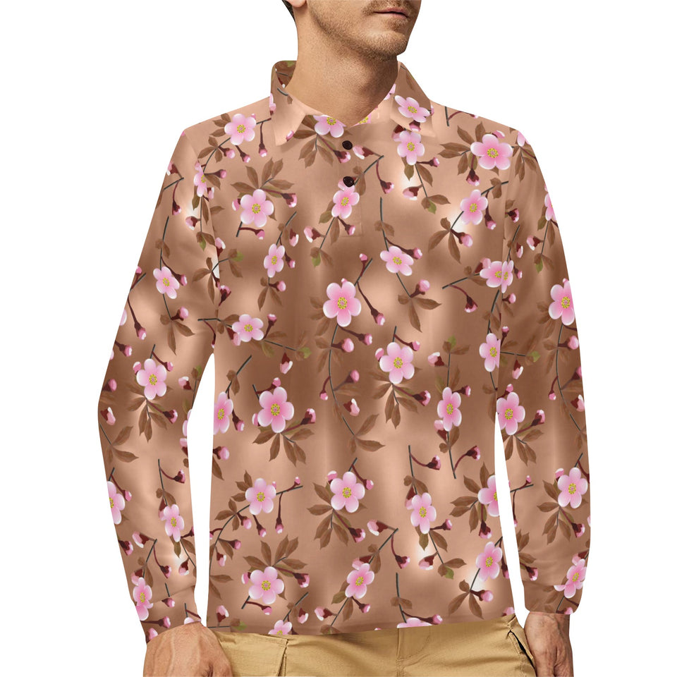 Pink sakura cherry blossom drak brown background Men's Long Sleeve Polo Shirt
