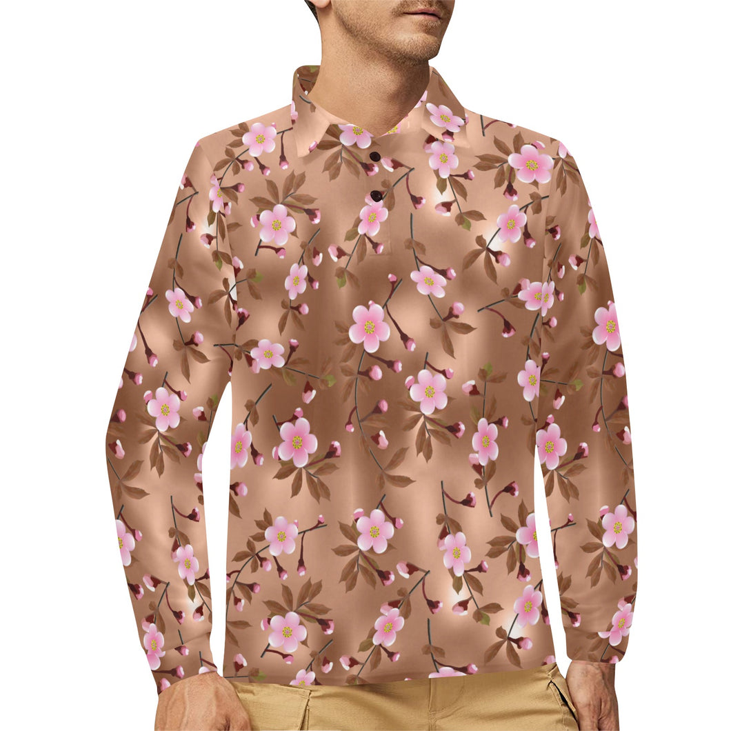 Pink sakura cherry blossom drak brown background Men's Long Sleeve Polo Shirt