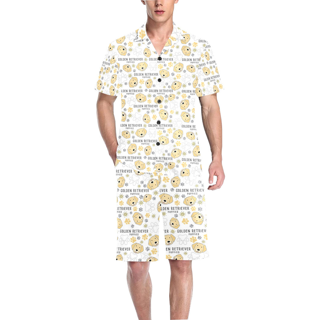 Golden Retriever Pattern Print Design 04 Men's V-Neck Short Pajama Set