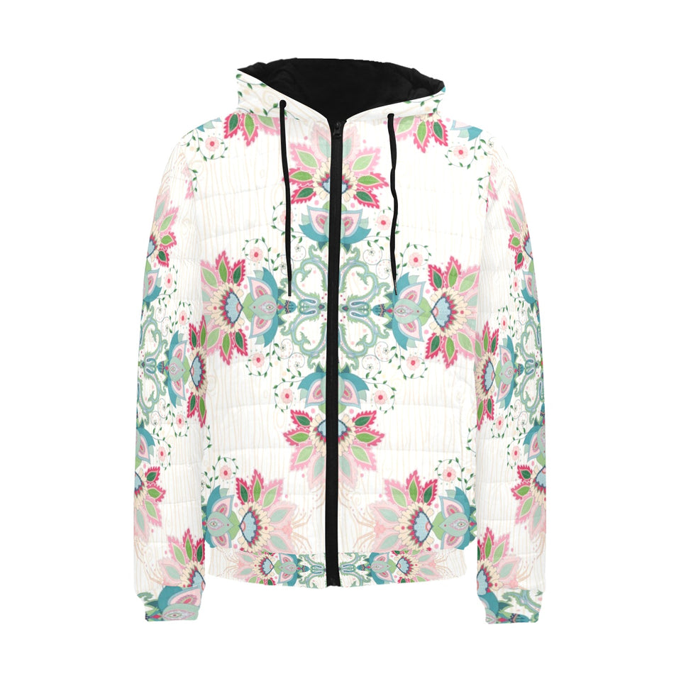 Square floral indian flower pattern Men's Padded Hooded Jacket