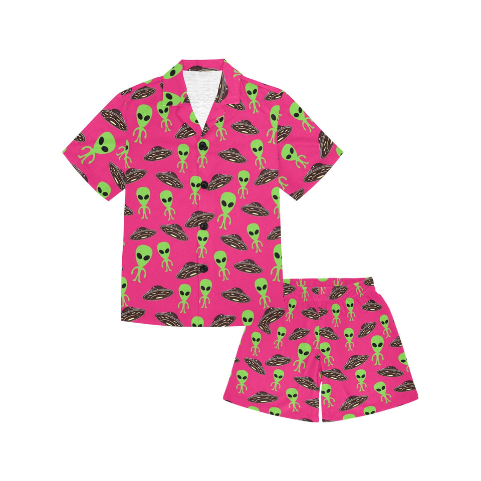 Alien Pattern Print Design 03 Kids' Boys' Girls' V-Neck Short Pajama Set