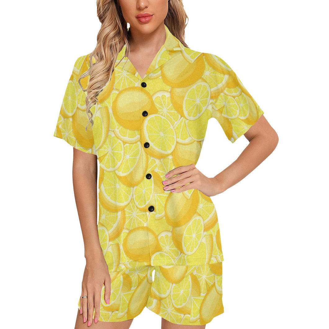 lemon pattern Women's V-Neck Short Pajama Set