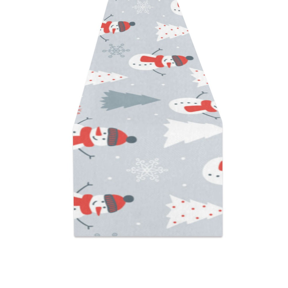 Snowman christmas tree snow gray background Table Runner