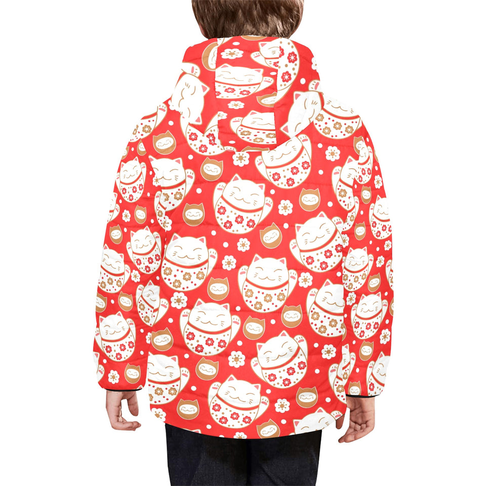 Cute Maneki neko cat red background Kids' Boys' Girls' Padded Hooded Jacket
