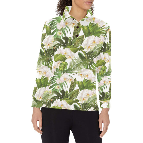 White orchid flower tropical leaves pattern Women's Long Sleeve Polo Shirt