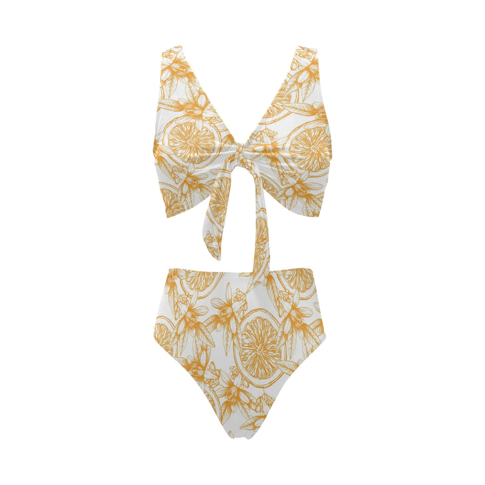 hand drawn orange fruit pattern Chest Bowknot High Waisted Bikini Swimsuit