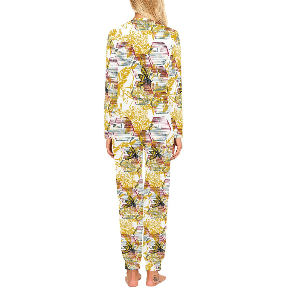 Cool Bee honeycomb leaves pattern Women's All Over Print Pajama Set