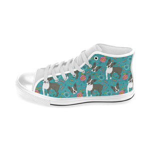 Boston terrier beautiful flower pattern Men's High Top Canvas Shoes White