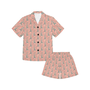 Eiffel Tower Flower Pattern Design 03 Kids' Boys' Girls' V-Neck Short Pajama Set