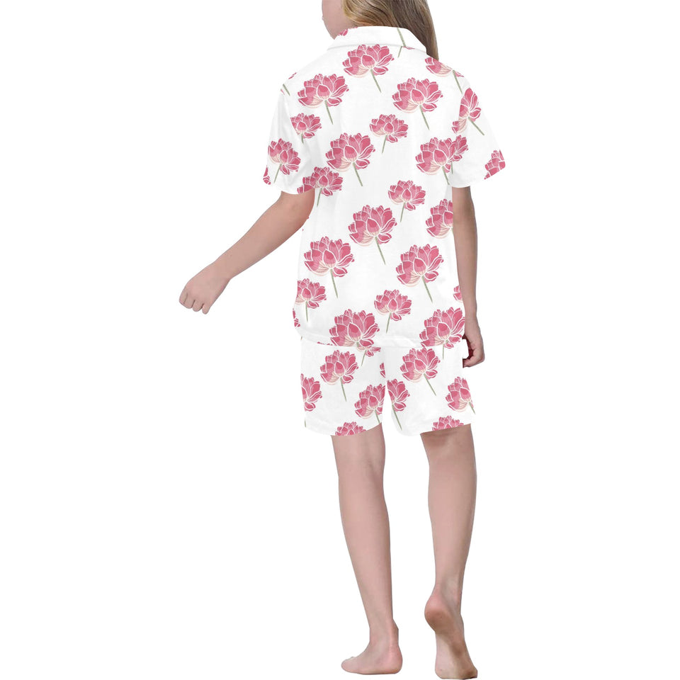 Pink lotus waterlily pattern Kids' Boys' Girls' V-Neck Short Pajama Set