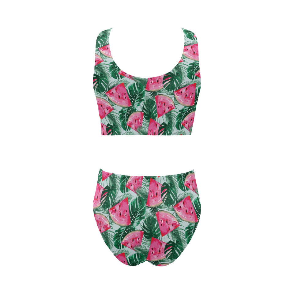 Watermelons tropical palm leaves pattern Chest Bowknot High Waisted Bikini Swimsuit