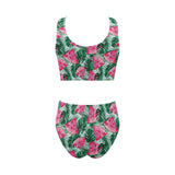 Watermelons tropical palm leaves pattern Chest Bowknot High Waisted Bikini Swimsuit