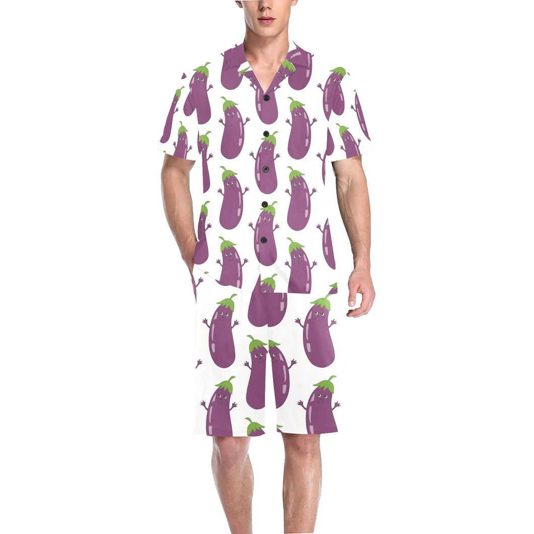 Eggplant Pattern Print Design 01 Men's V-Neck Short Pajama Set