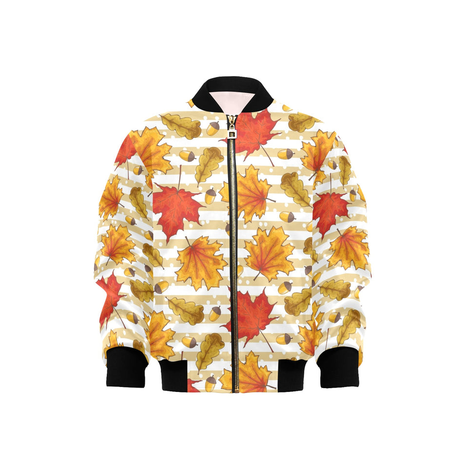 Maple leaf oak leaf acorns beige striped backgroun Kids' Boys' Girls' Bomber Jacket