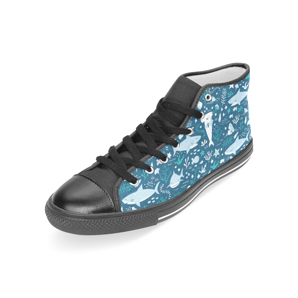 Cute shark pattern Women's High Top Canvas Shoes Black
