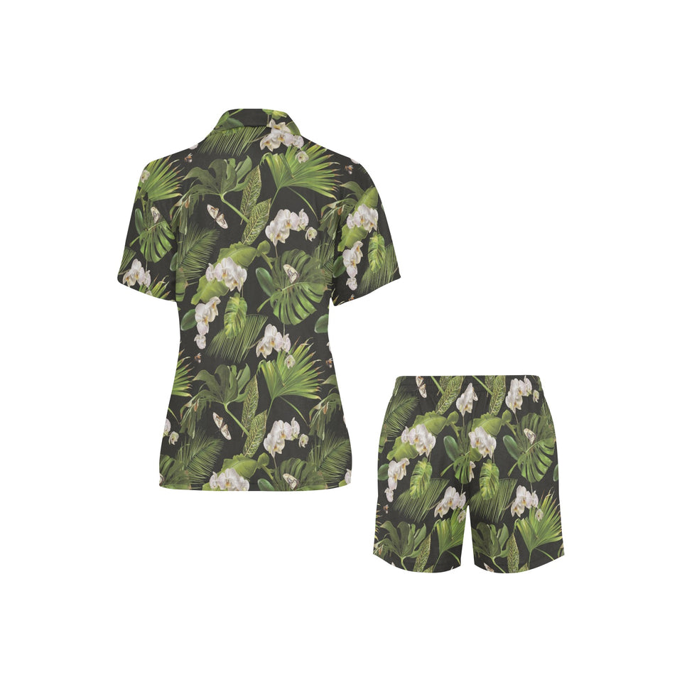 White orchid flower tropical leaves pattern blackg Women's V-Neck Short Pajama Set