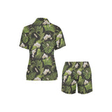 White orchid flower tropical leaves pattern blackg Women's V-Neck Short Pajama Set