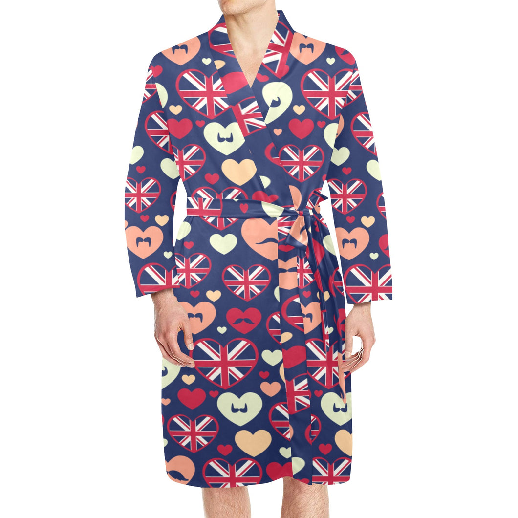 British Pattern Print Design 02 Men's Long Sleeve Belted Night Robe