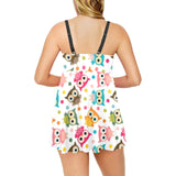 Color cute owl pattern Chest Sexy Pleated Two Piece Swim Dress