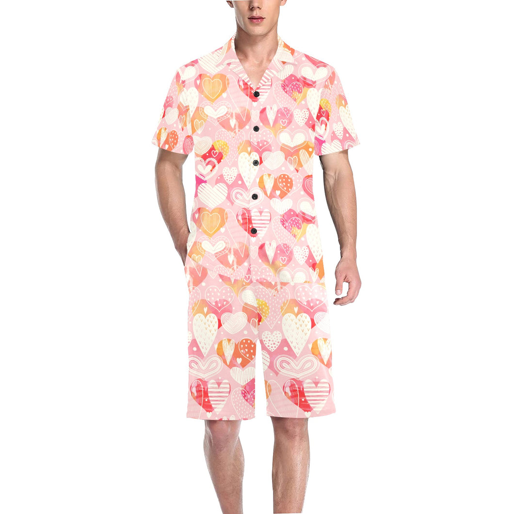 Hand drawn heart design pattern Men's V-Neck Short Pajama Set