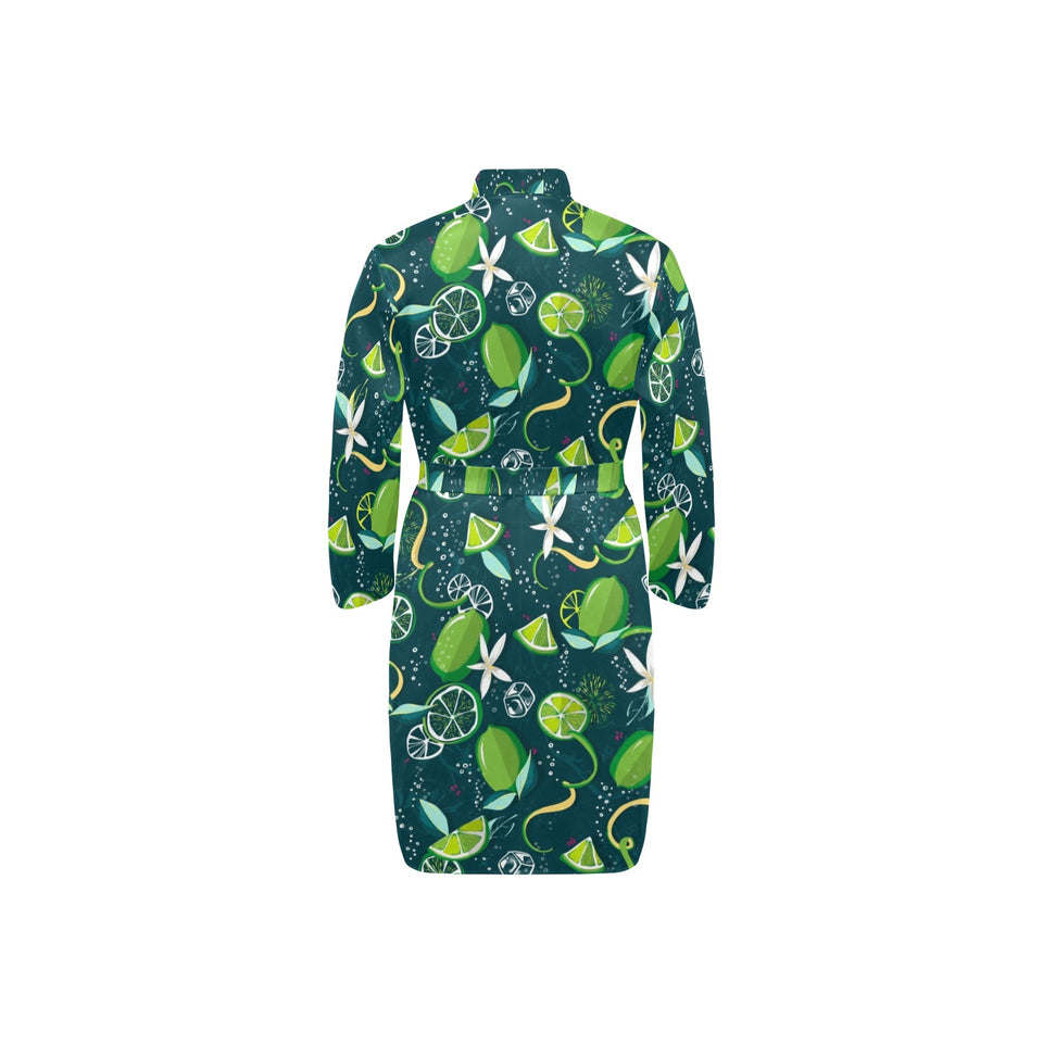 Lime ice flower pattern Men's Long Sleeve Belted Night Robe
