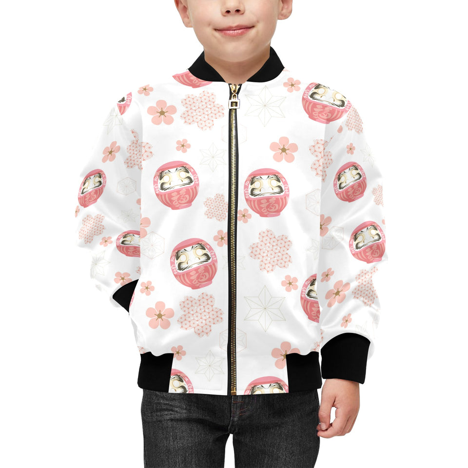 Daruma japanese wooden doll cherry blossom flower Kids' Boys' Girls' Bomber Jacket