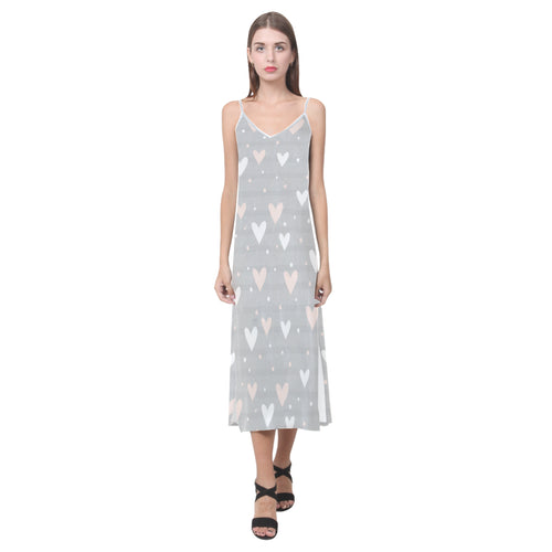 Heart pattern gray background V-Neck Open Fork Long Dress