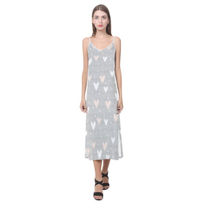 Heart pattern gray background V-Neck Open Fork Long Dress