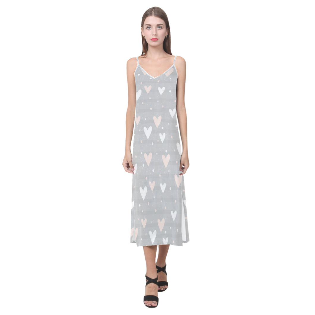 Heart pattern gray background V-Neck Open Fork Long Dress