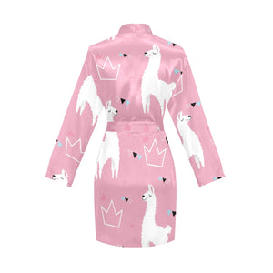 Llama Alpaca pink background Women's Long Sleeve Belted Night Robe