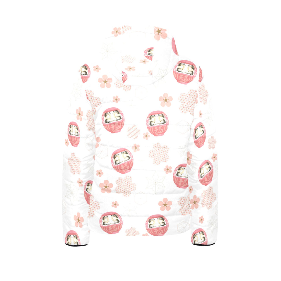 Daruma japanese wooden doll cherry blossom flower Kids' Boys' Girls' Padded Hooded Jacket