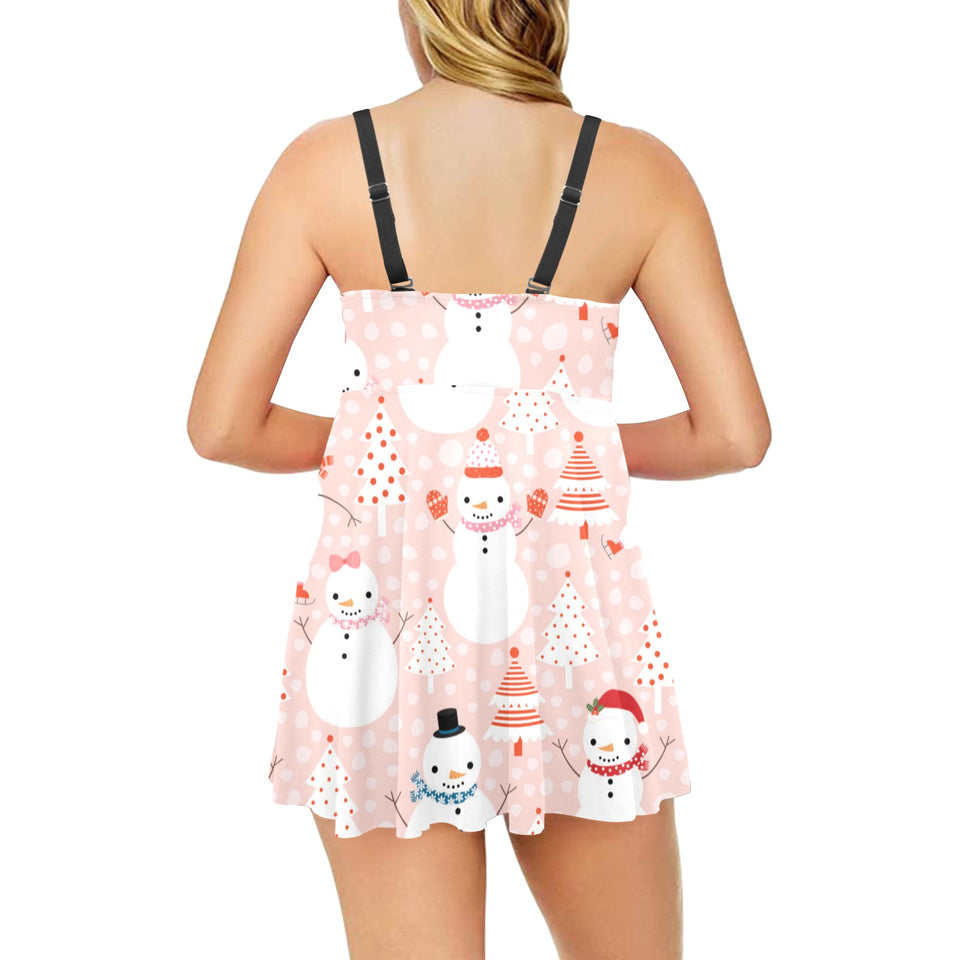 Cute snowman christmas tree snowpink background Chest Sexy Pleated Two Piece Swim Dress
