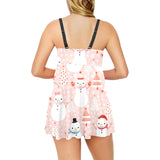 Cute snowman christmas tree snowpink background Chest Sexy Pleated Two Piece Swim Dress