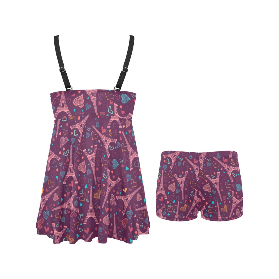 Eiffel Tower Heart Pattern Print Design 04 Chest Sexy Pleated Two Piece Swim Dress