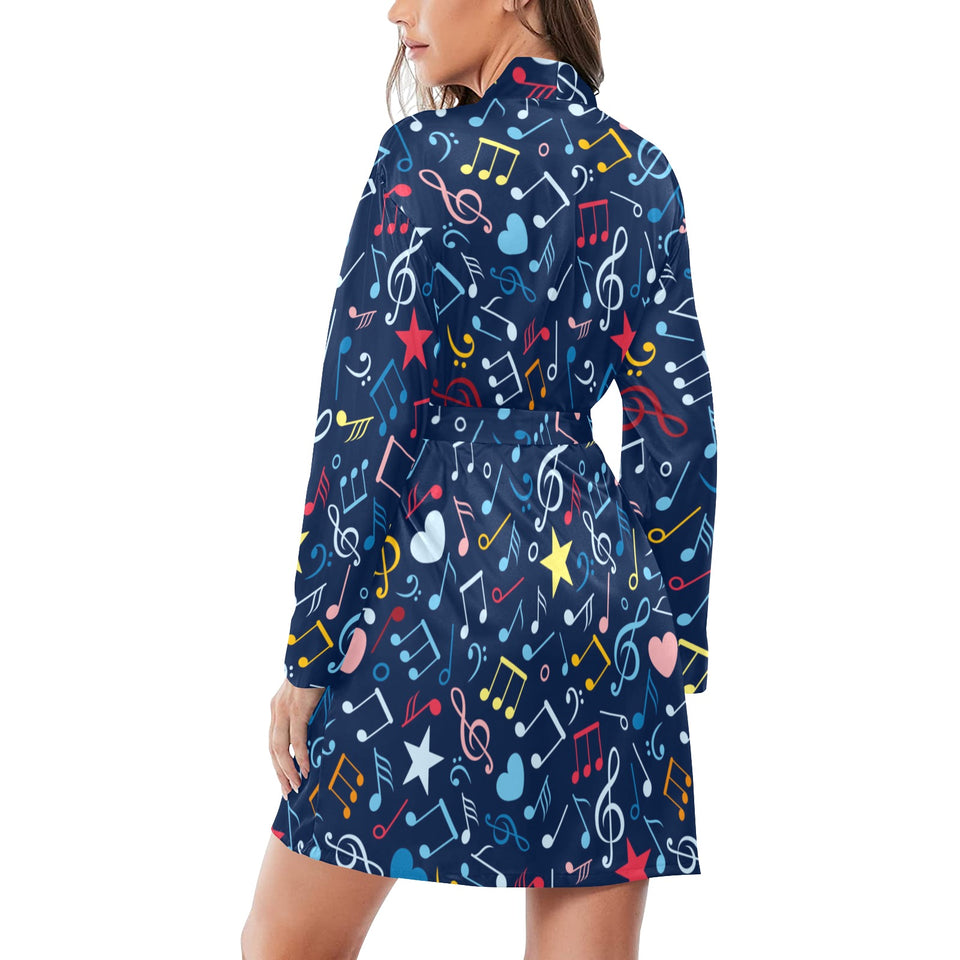 Music Notes Pattern Print Design 03 Women's Long Sleeve Belted Night Robe