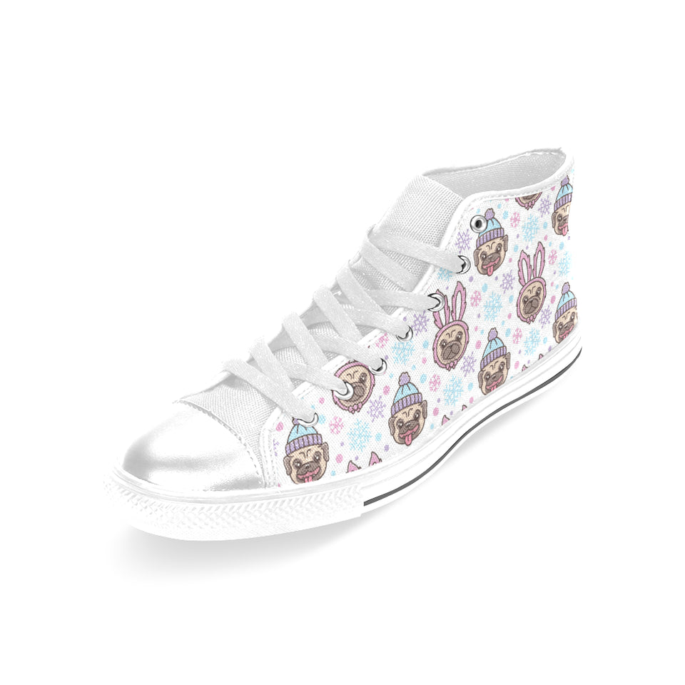 Cute pug hat rabbit costume pattern Women's High Top Canvas Shoes White