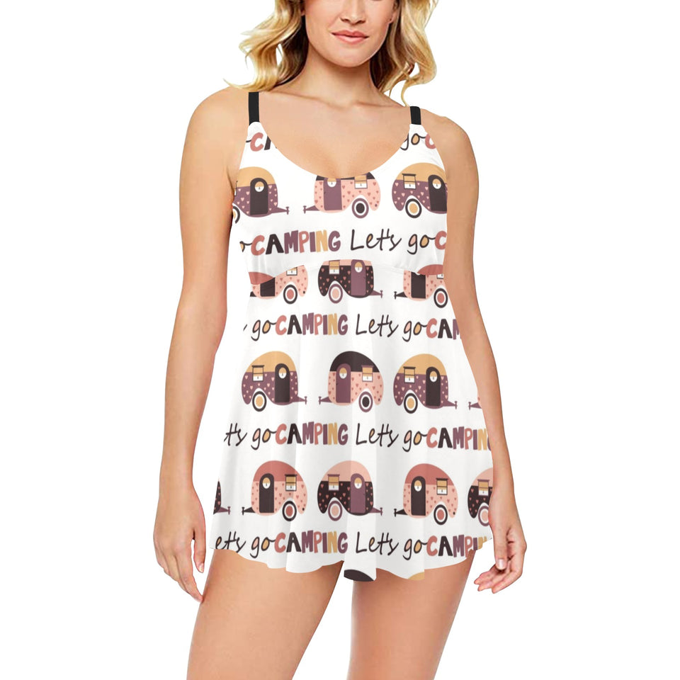 Camper Van Pattern Print Design 01 Chest Sexy Pleated Two Piece Swim Dress
