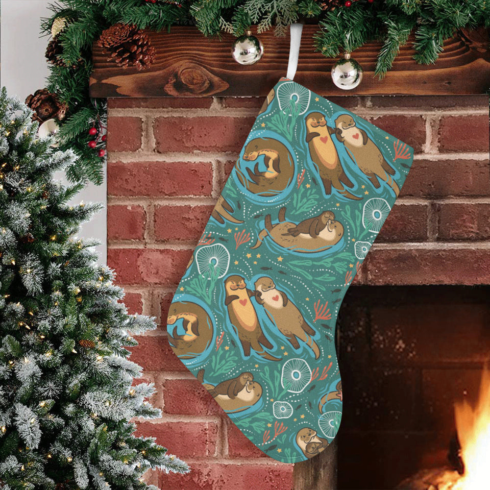 cute brown sea otters ornamental seaweed corals gr Christmas Stocking
